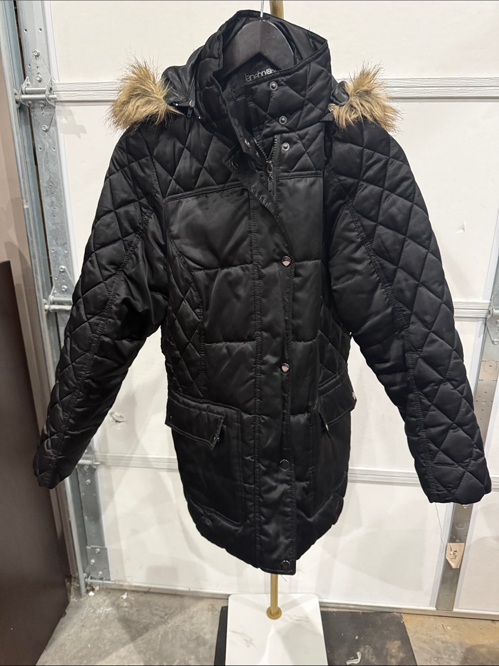 Lane Bryant Black Quilted Puffer Coat with Faux Fur Trim Hood